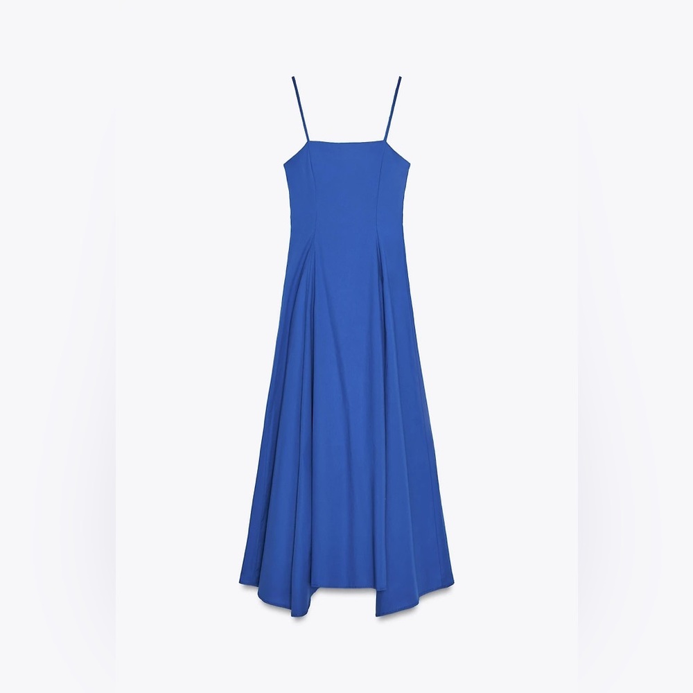 ZARA blue poplin midi dress with adjustable straps, fit & flare.  L NWT - Picture 8 of 14